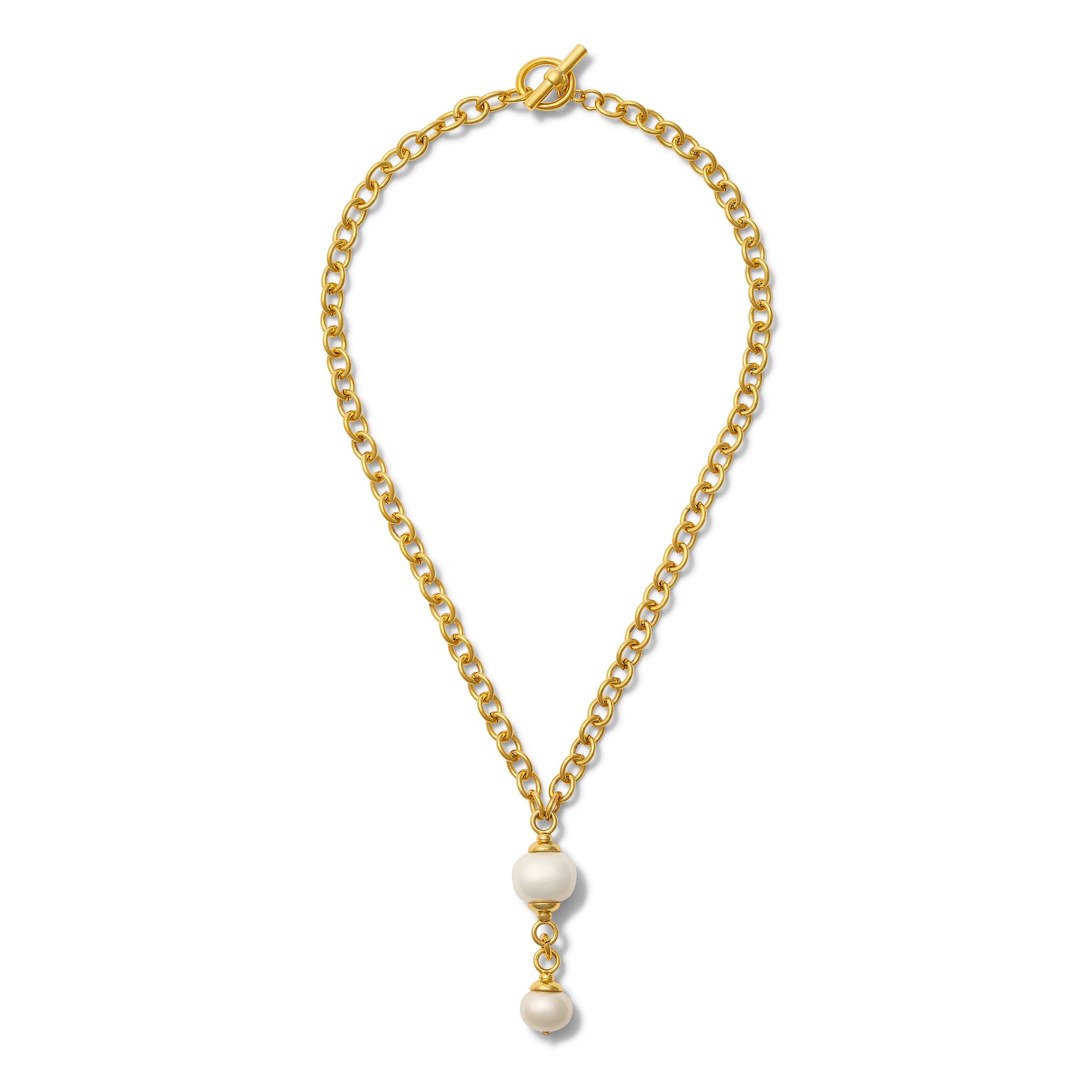 Gold chain necklace with pearl pendants on a white background