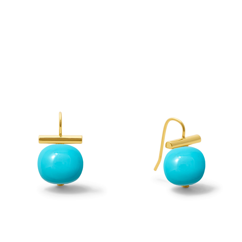 A pair of medium-sized turquoise pebble pearl earrings with gold-colored hooks
